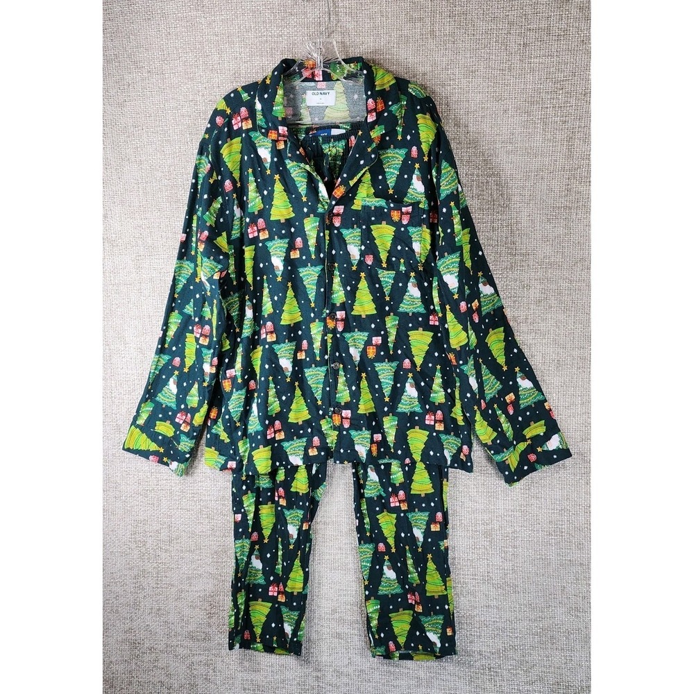 Old Navy Flannel Pajama Set Christmas‎ Trees Mens XL Green Button Top EUC